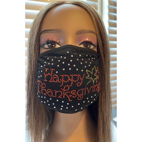 Happy Thanksgiving Bling Rhinestone Face Mask - Picture 5 of 10